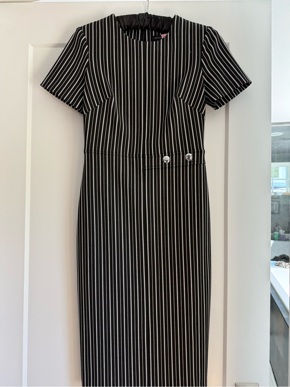 Black and White Pinstripe Short Sleeve Sheath Dress,0,Banana Republic